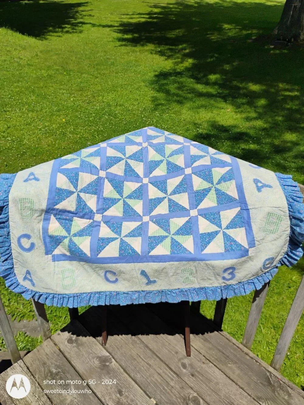 vintage hand made baby quilt ABC 123 blue green white ruffled edge crib sized